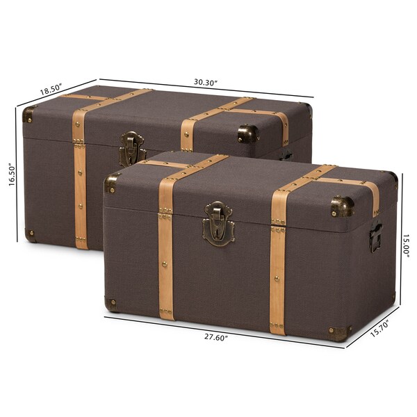 Baxton Studio Stephen Dark Brown Upholstered and Oak Finished 2-Piece Trunk Set - 165-10702