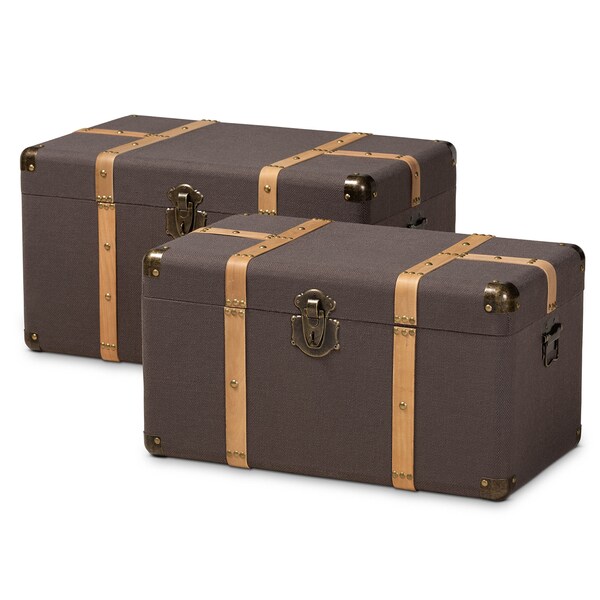 Baxton Studio Stephen Dark Brown Upholstered and Oak Finished 2-Piece Trunk Set - 165-10702