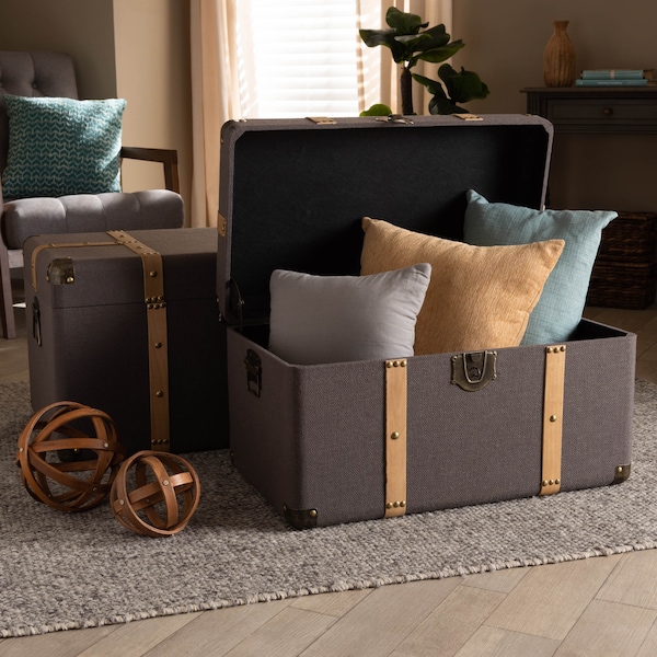 Baxton Studio Stephen Dark Brown Upholstered and Oak Finished 2-Piece Trunk Set - 165-10702