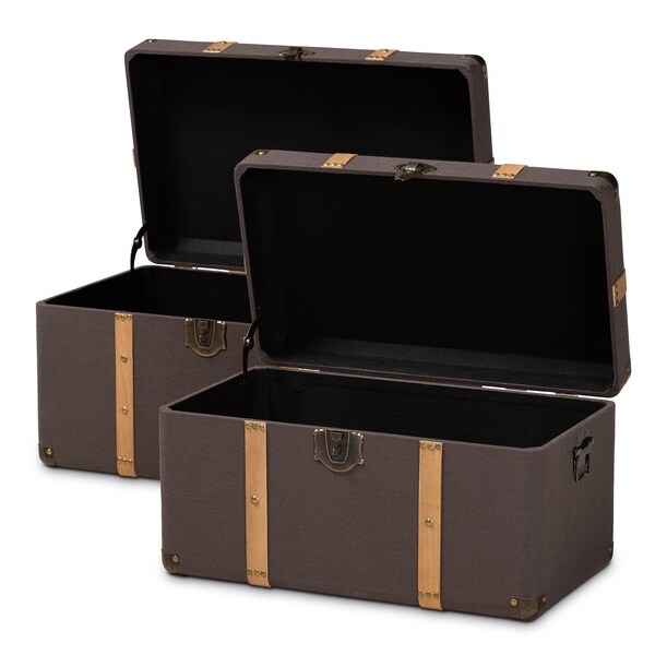 Baxton Studio Stephen Dark Brown Upholstered and Oak Finished 2-Piece Trunk Set - 165-10702