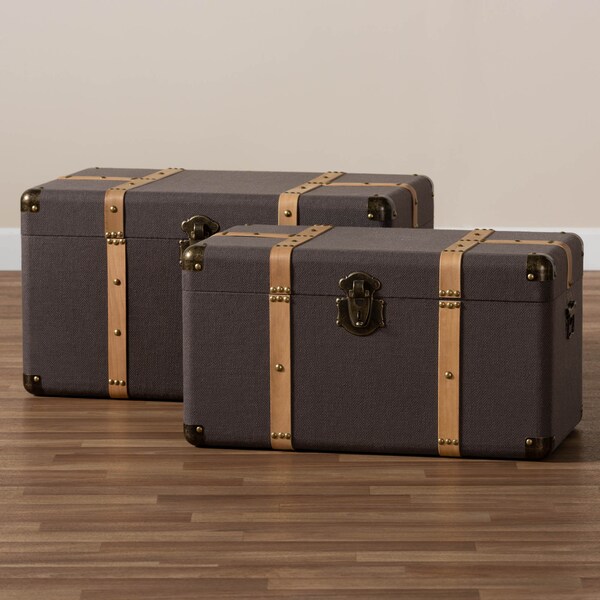 Baxton Studio Stephen Dark Brown Upholstered and Oak Finished 2-Piece Trunk Set - 165-10702