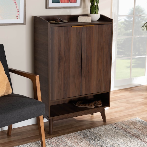 Baxton Studio Lena Mid-Century Walnut Finished 5-Shelf Wood Entryway Shoe Cabinet - 157-9536