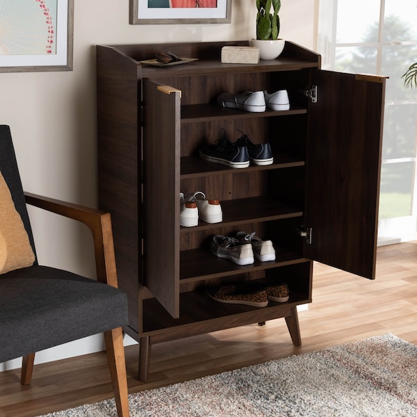 Baxton Studio Lena Mid-Century Walnut Finished 5-Shelf Wood Entryway Shoe Cabinet - 157-9536