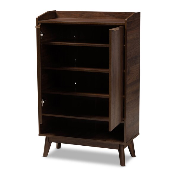 Baxton Studio Lena Mid-Century Walnut Finished 5-Shelf Wood Entryway Shoe Cabinet - 157-9536