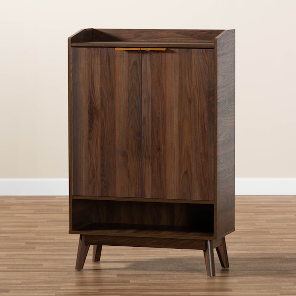Baxton Studio Lena Mid-Century Walnut Finished 5-Shelf Wood Entryway Shoe Cabinet - 157-9536