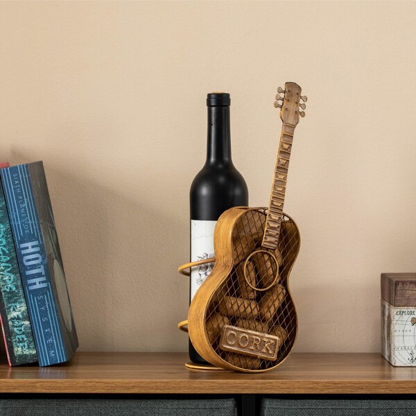 Vintiquewise Decorative Metal Guitar Shape Wine Bottle and Cork Holder - A Unique Home Decor Piece and - QI004681