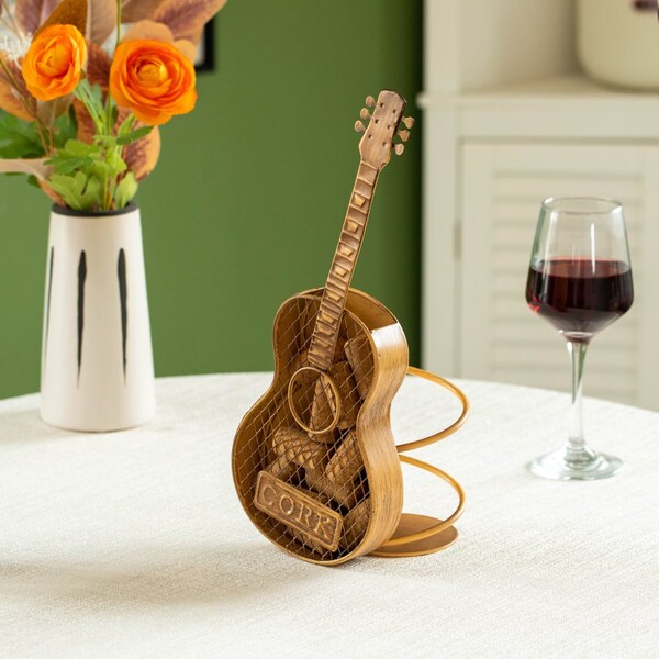 Vintiquewise Decorative Metal Guitar Shape Wine Bottle and Cork Holder - A Unique Home Decor Piece and - QI004681