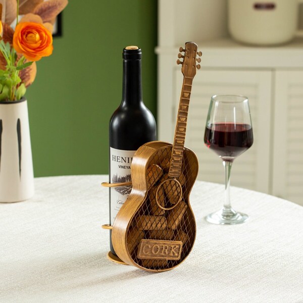 Vintiquewise Decorative Metal Guitar Shape Wine Bottle and Cork Holder - A Unique Home Decor Piece and - QI004681