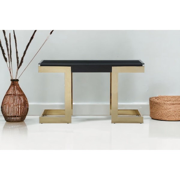 Homeroots 52 x 18 x 43 in. Black Polished Gold Stainless Console Table - 372164