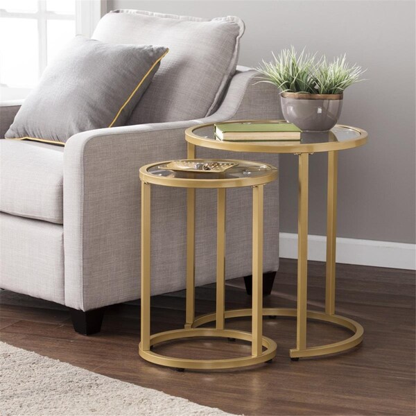 Homeroots 23 in. Glass & Steel Round Nested Tables Gold - Set of 2 - 402453