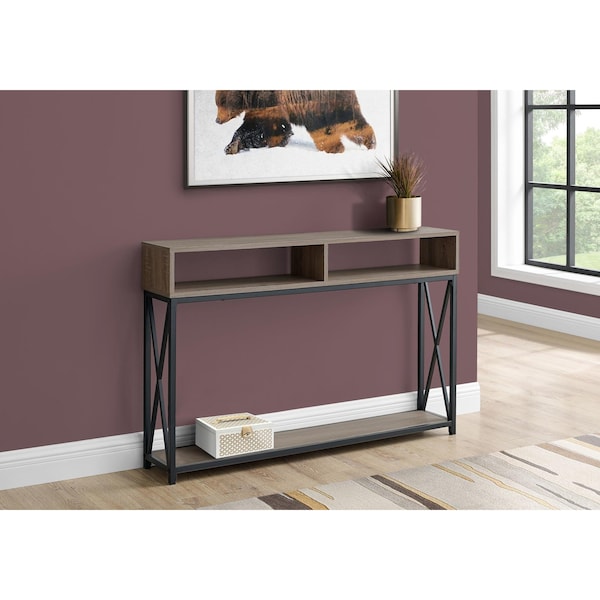 Homeroots 48 in. Rectangular Taupe with Black Metal Hall Console with 2 Shelves Accent Table - 376509