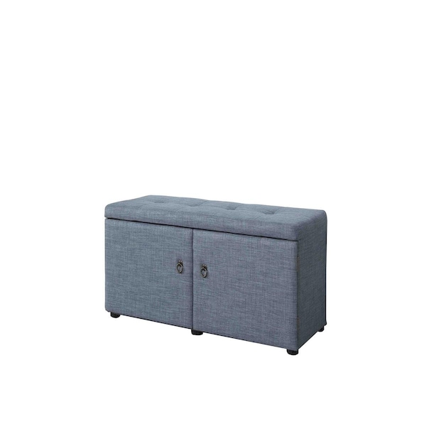 Homeroots Blue & Gray Linen Look Double Door Shoe Storage Bench - 469431