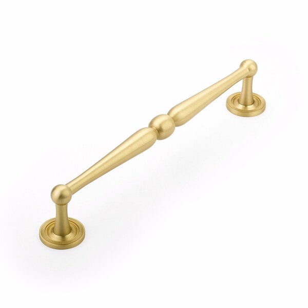 Schaub 8in Center to Center Atherton Knurled Cabinet Pull Satin Brass Finish - 577-SB