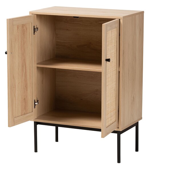 Baxton Studio Sherwin Mid-Century Modern Light Brown and Black 2-Door Storage Cabinet with Woven Rattan Accent - 233-13223-ZORO