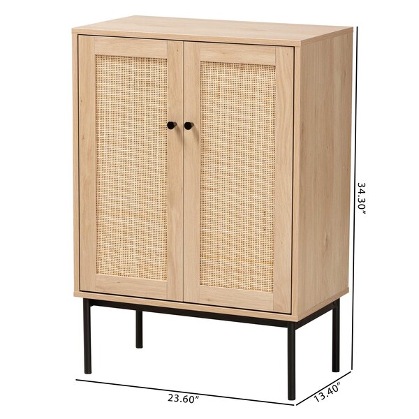 Baxton Studio Sherwin Mid-Century Modern Light Brown and Black 2-Door Storage Cabinet with Woven Rattan Accent - 233-13223-ZORO