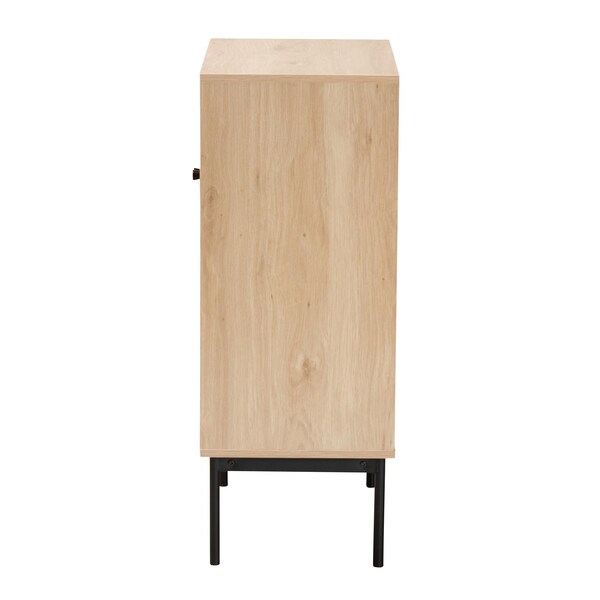 Baxton Studio Sherwin Mid-Century Modern Light Brown and Black 2-Door Storage Cabinet with Woven Rattan Accent - 233-13223-ZORO