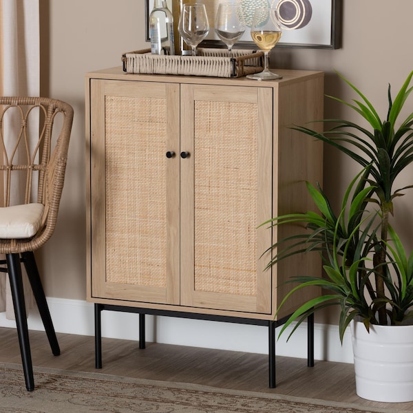 Baxton Studio Sherwin Mid-Century Modern Light Brown and Black 2-Door Storage Cabinet with Woven Rattan Accent - 233-13223-ZORO