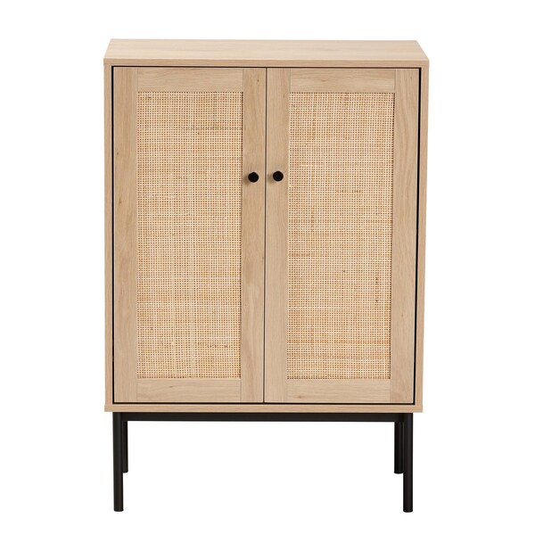 Baxton Studio Sherwin Mid-Century Modern Light Brown and Black 2-Door Storage Cabinet with Woven Rattan Accent - 233-13223-ZORO