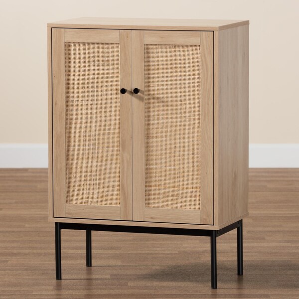 Baxton Studio Sherwin Mid-Century Modern Light Brown and Black 2-Door Storage Cabinet with Woven Rattan Accent - 233-13223-ZORO