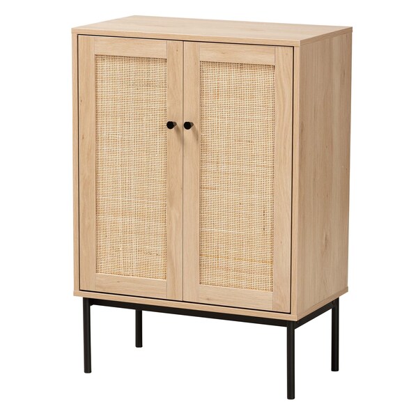 Baxton Studio Sherwin Mid-Century Modern Light Brown and Black 2-Door Storage Cabinet with Woven Rattan Accent - 233-13223-ZORO