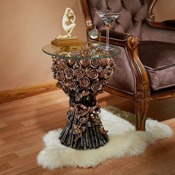 Design Toscano Table of Roses Glass-Topped Sculptural Table - EU9358