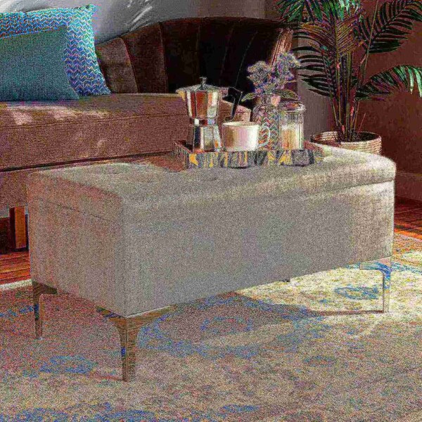 Baxton Studio Mabel Modern and Contemporary Transitional Beige Fabric and Silver Finished Metal Storage Ottoman - 175-11229-ZORO