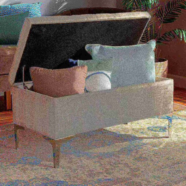 Baxton Studio Mabel Modern and Contemporary Transitional Beige Fabric and Silver Finished Metal Storage Ottoman - 175-11229-ZORO