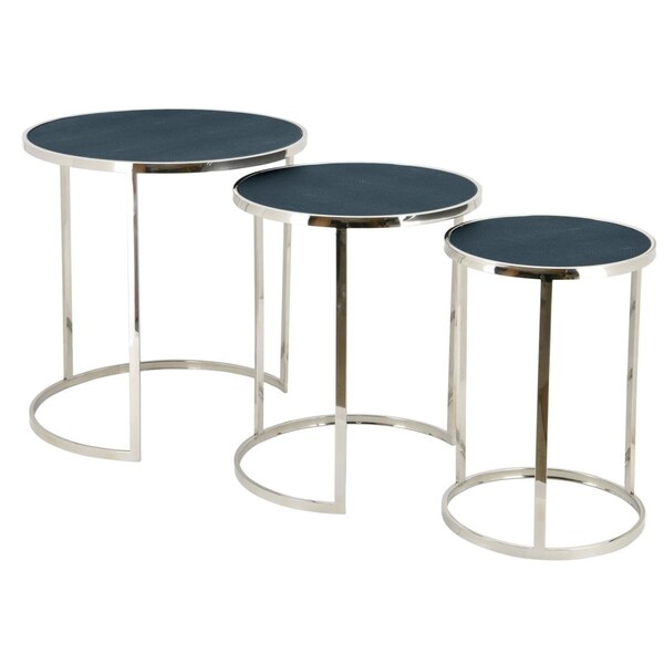 Sekkusu Furniture Black on Blue Metallic Shagreen Exotic Leather Nesting Console Tables - Set of 3 - SE3495101