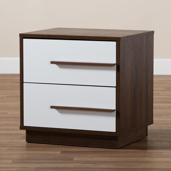 Baxton Studio Mette Mid-Century White and Walnut Finished 2-Drawer Wood Nightstand - 157-9526
