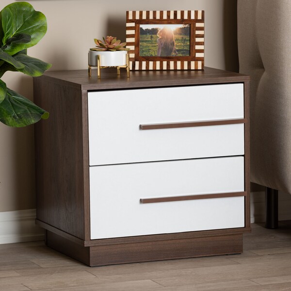 Baxton Studio Mette Mid-Century White and Walnut Finished 2-Drawer Wood Nightstand - 157-9526