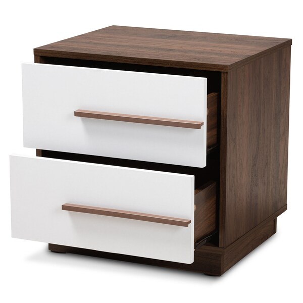 Baxton Studio Mette Mid-Century White and Walnut Finished 2-Drawer Wood Nightstand - 157-9526