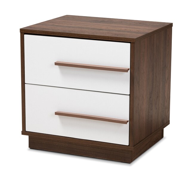 Baxton Studio Mette Mid-Century White and Walnut Finished 2-Drawer Wood Nightstand - 157-9526