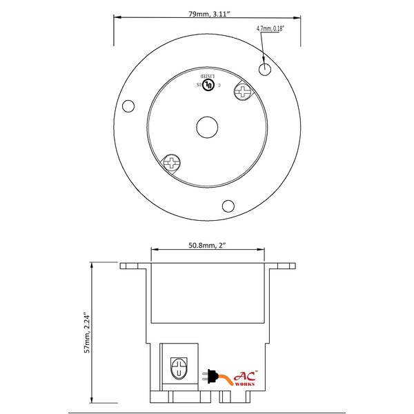 Ac Works 3-Phase 30A 250V L15-30R Flanged Outlet UL and C-UL Listed - ASOUL1530R