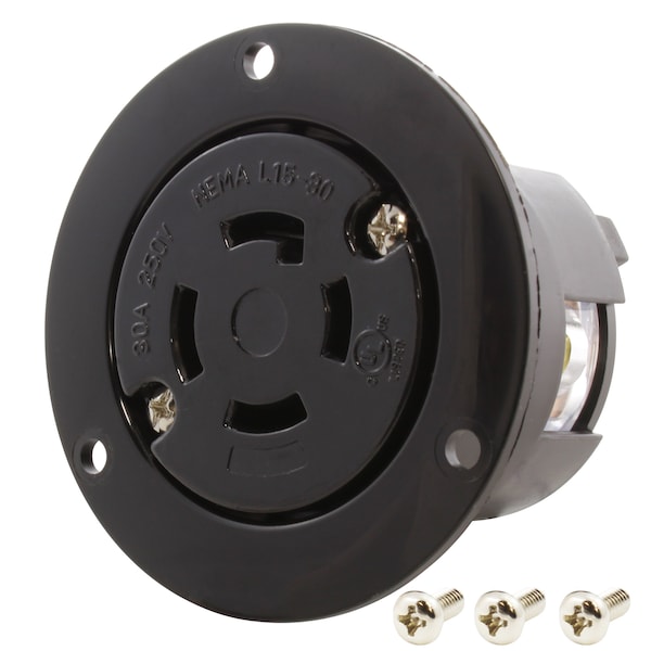 Ac Works 3-Phase 30A 250V L15-30R Flanged Outlet UL and C-UL Listed - ASOUL1530R