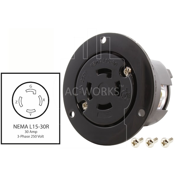 Ac Works 3-Phase 30A 250V L15-30R Flanged Outlet UL and C-UL Listed - ASOUL1530R