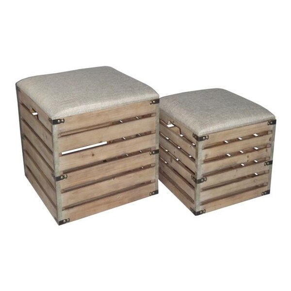 Cheungs Cheungs 4936-2 Square Wood Slat Storage Bench with Metal Accent & Cushioned Lid - Set of 2 - 4936-2