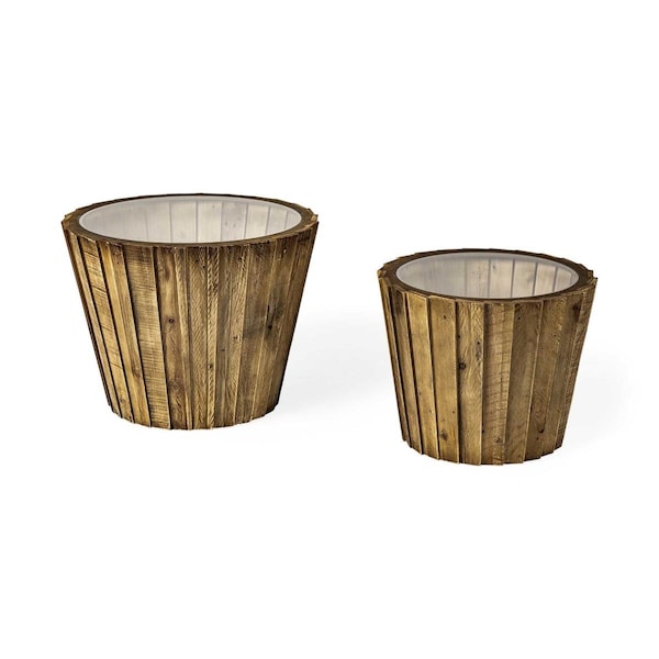 Gfancy Fixtures Light Brown Wood Accent Tables with Glass Round Top, 2PK - GF3090730