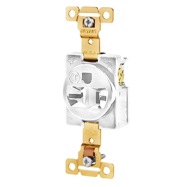Bryant Receptacle, Single, Commercial/Industrial, 2-Pole 3-Wire Grounding, 20A 250V, 6-20R, White - 5461W