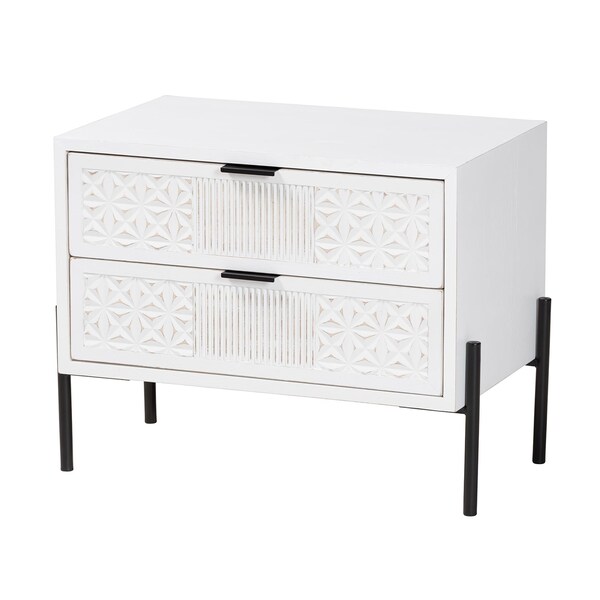 Baxton Studio Merryn Mid-Century Distressed White Finished Wood and Metal 2-Drawer Storage Cabinet - 241-13535-ZORO