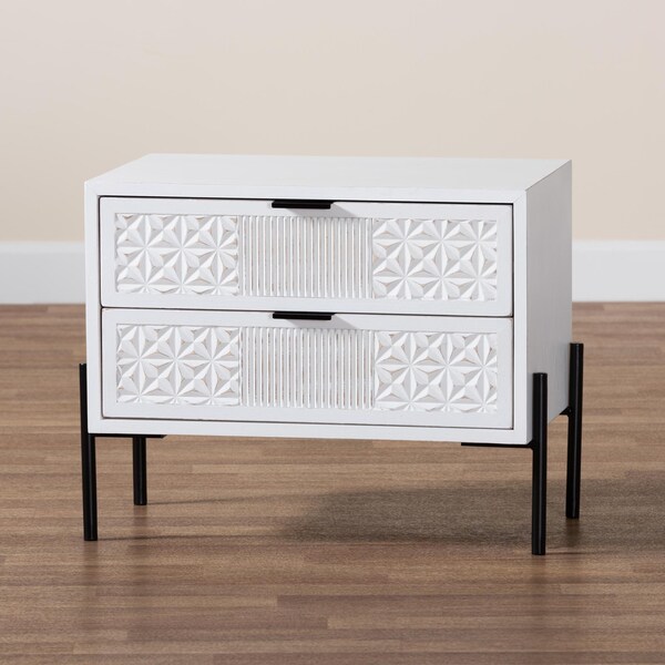 Baxton Studio Merryn Mid-Century Distressed White Finished Wood and Metal 2-Drawer Storage Cabinet - 241-13535-ZORO