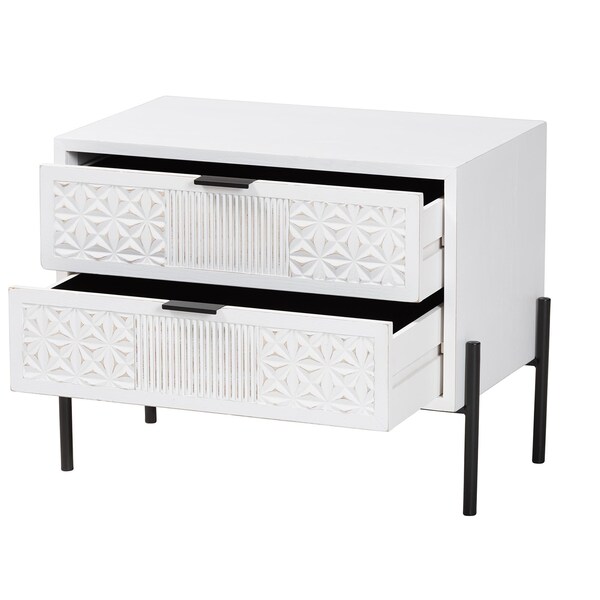 Baxton Studio Merryn Mid-Century Distressed White Finished Wood and Metal 2-Drawer Storage Cabinet - 241-13535-ZORO