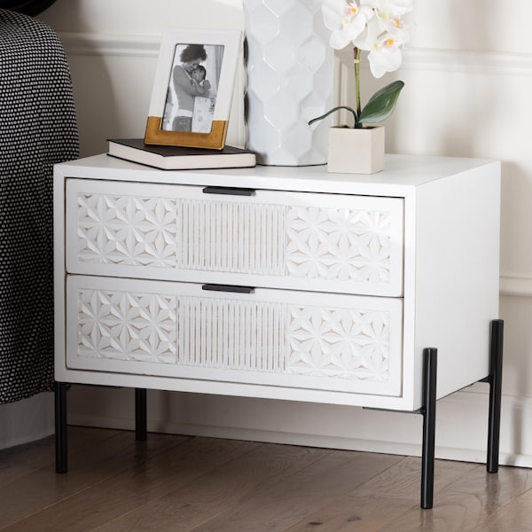 Baxton Studio Merryn Mid-Century Distressed White Finished Wood and Metal 2-Drawer Storage Cabinet - 241-13535-ZORO