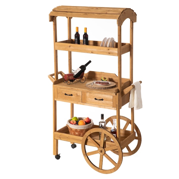 Vintiquewise Large Wooden Display Rolling Table with Drawers and Wheels 3 Tier with Shelves for Food and More - QI004642