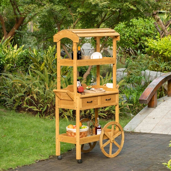 Vintiquewise Large Wooden Display Rolling Table with Drawers and Wheels 3 Tier with Shelves for Food and More - QI004642