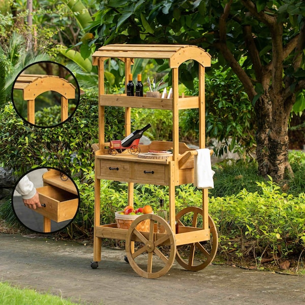 Vintiquewise Large Wooden Display Rolling Table with Drawers and Wheels 3 Tier with Shelves for Food and More - QI004642