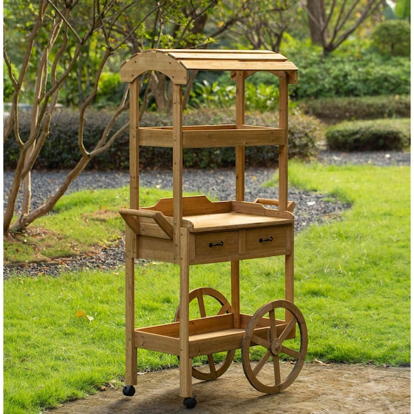 Vintiquewise Large Wooden Display Rolling Table with Drawers and Wheels 3 Tier with Shelves for Food and More - QI004642