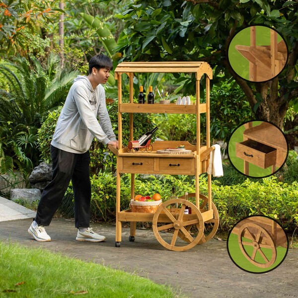 Vintiquewise Large Wooden Display Rolling Table with Drawers and Wheels 3 Tier with Shelves for Food and More - QI004642