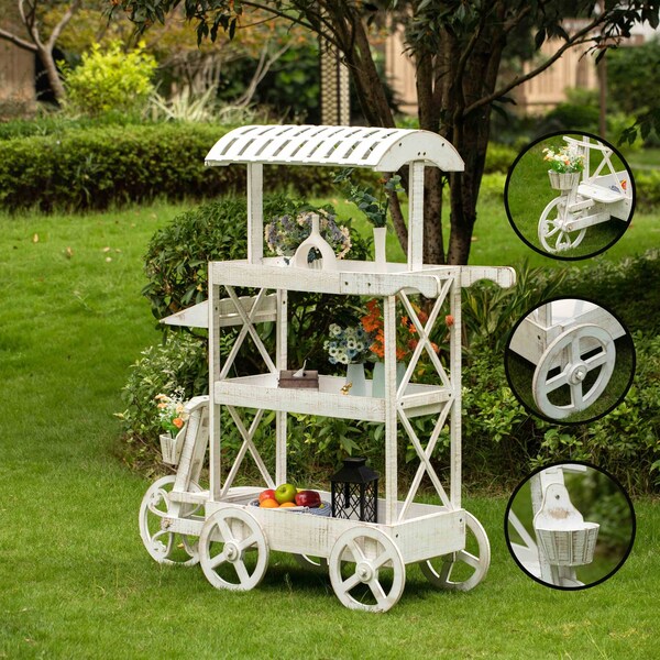 Vintiquewise White Wood Decor Display Rack Mobile Food Cart with Wheels 3 Tier - QI004641