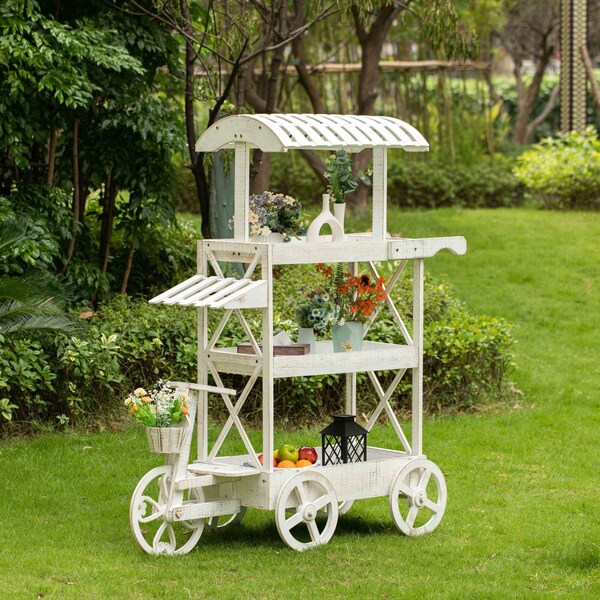 Vintiquewise White Wood Decor Display Rack Mobile Food Cart with Wheels 3 Tier - QI004641