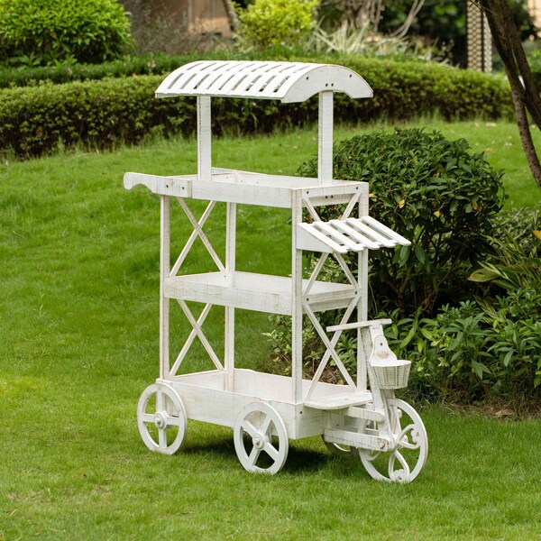 Vintiquewise White Wood Decor Display Rack Mobile Food Cart with Wheels 3 Tier - QI004641